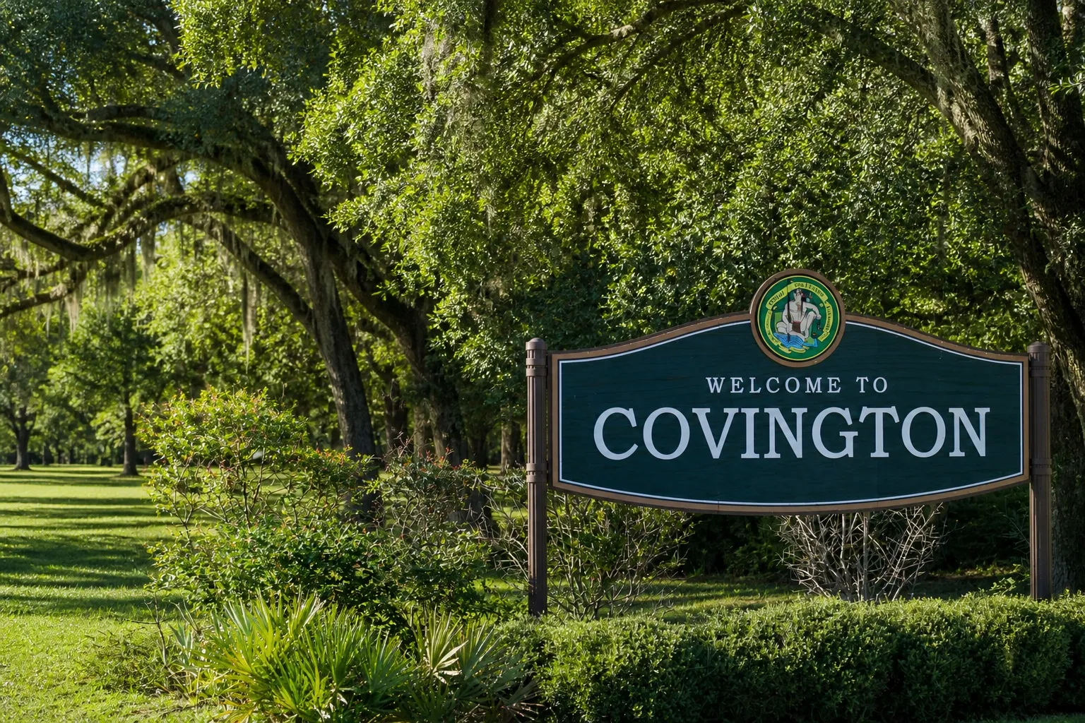 Welcome to Covington sign under oak trees